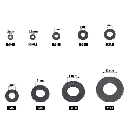 Nylon Flat Washer Assortment Set 600 Pieces, 9 Sizes - M2 M2.5 M3 M4 M5 M6 M8 M10 M12, Black