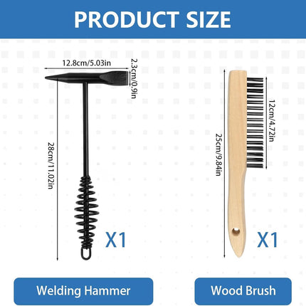 2 Pack Welding Chipping Hammer and Wire Brush Set – 11" Hammer with Coil Spring Handle, Cone and Vertical Chisel and 9.8" Stainless Steel Brush for Slag, Spatter, Residue Removal