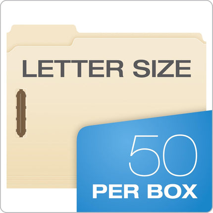 Fastener File Folders, 2 Fasteners, Pockets with Prongs, File Organizers for School, Home and Office, Letter Size, Manila, 1/3 Cut Tabs, in Left, Right, Center Positions, 50 per Box (FM213)