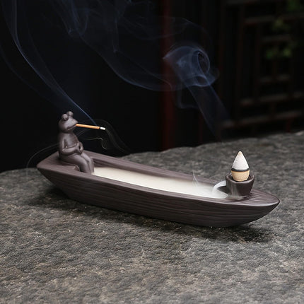 Frog Incense Holder Waterfall - Ceramic Cone Backflow Incense Burner Smoke Fountain, Back Flowing Incense Diffuser with 45 Sticks & 12 Cones, Frog Ornament for Aromatherapy/Yoga/Home Decor