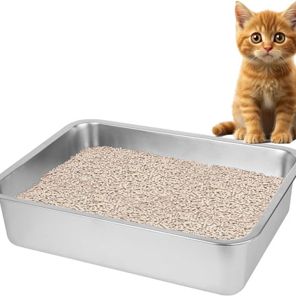 Stainless Steel Cat Litter Box for Big Cats,Small Stainless Steel,Large Metal Cat Litter Box-Easy to Clean.(17.5" L X 13.6" W X 4.1" H).