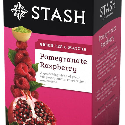 Tea Pomegranate Raspberry Green Tea & Matcha Blend 18 Count Tea Bags in Foil Individual Green Tea Bags for Teapots Mugs or Teacups, Brew Hot Tea or Iced Tea