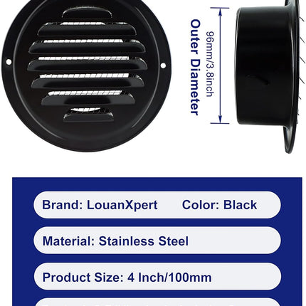 4 Inch round Air Vent Cover, Stainless Steel Soffit Vent Cover Louvered Grille Wall Vent with Built-In Fine Mesh for Garage, Apartment, RV (100Mm - 2PCS)