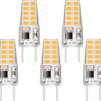 5 Pack G8 LED Bulb Soft White 2700K 120V 3W Equivalent to G8 Halogen Bulb 35W T4 JCD Type GY8.6 Bi-Pin Base, Non-Dimmable for under Cabinet Light, under Counter Kitchen Lighting