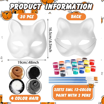 36 Pcs DIY Therian Mask Kit Bulk 30 Blank Animal Mask with Faux Fur Eye Mesh for Christmas Gear Therian