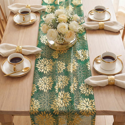 Green Gold Dahlia Flower Gauze Table Runner 120 Inch 10FT, Glitter Metallic Foil Seasonal Sheer Dining Holiday Table Decor for Home Party