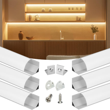 6Pack 3.3FT/1M V Shape LED Channel Silver Aluminum LED Strip Diffuser Channel with Milky White Cover Frosted Corner Lighting Easy Installation V1SW WW 1M