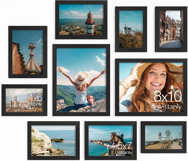 10 Pack Picture Frames Collage Wall Decor, Gallery Wall Frame Set for Wall or Tabletop Display, Engineered Wood and Shatter-Resistant Plexiglass, Multi Sizes with 8X10, 5X7, 4X6 Frames, Black