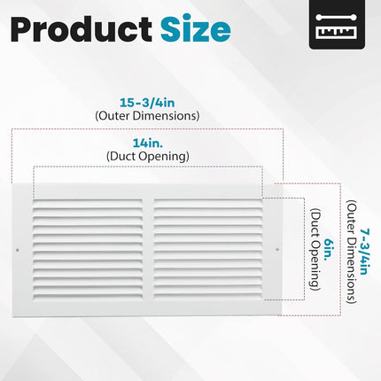 Return Air Grille,Fits 14X6 Duct Opening,Steel Return Vent Cover, White Vent Cover Grill for Sidewall and Ceiling,Havc Cold Air Return Vent Cover,Overall Size:15.8"W X 7.9"H