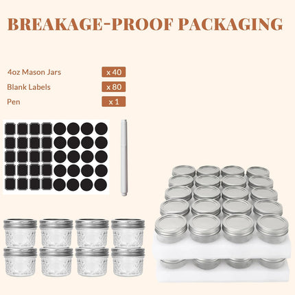 40 Pcs 4Oz Clear Glass Mini Mason Jars with Silver Separable Lids and Diamond Appearance, Small Spice Canning Jars for Honey, Jam, Jelly, Wedding Favors, Kitchen Food Storage