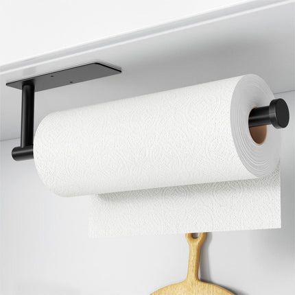 Paper Towel Holder - Self-Adhesive or Drilling, Matte Black Wall Mounted Rack - SUS304 Stainless Steel Kitchen Roll Dispenser under Cabinet