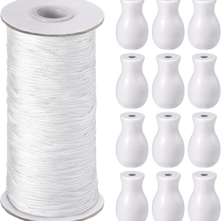 110 Yards Blind Cord 1.8 Mm Braided Lift Shade Curtain String and 12 Pieces Wood Blind Pull Cord Knobs for Roman Shade Kit, Curtain Craft(White)