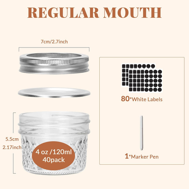 40 Pcs 4Oz Clear Glass Mini Mason Jars with Silver Separable Lids and Diamond Appearance, Small Spice Canning Jars for Honey, Jam, Jelly, Wedding Favors, Kitchen Food Storage