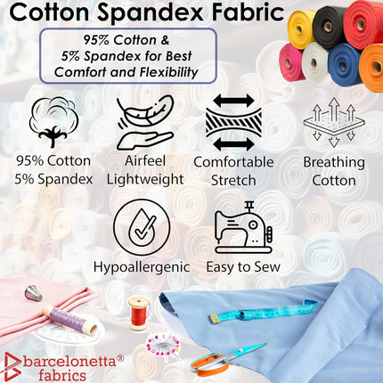 | Cotton Spandex Fabric | by the Yard | Stretchy, Breathable, Lightweight Cotton Fabric | 60" Wide Roll | Sewing | 95% Cotton, 5% Spandex (Black, 1 Yard)