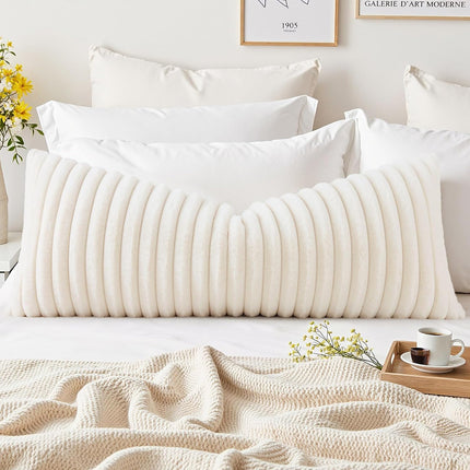 Summer Cozy Faux Fur Throw Pillow Covers 14X36 Pack of 1 Decorative Soft Plush Striped Lumbar Modern Farmhouse Boho Couch Pillow Cases with Velvet Back for Sofa Bed Living Room, Cream White