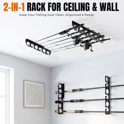 Fishing Rod Racks Wall or Ceiling Fishing Rod/Pole Rack Holder Storage Hook Holds Fishing Rods Wall Mounted for Garage Cabin and Basement