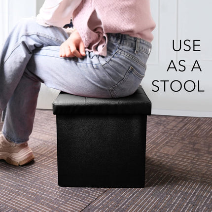 Storage Ottoman, Foldable Foot Rest Stool, 13X12X12 Inches Small Leather Bench with Storage, Holds up to 260 Lb, for Living Room, Bedroom, Dorm, Black