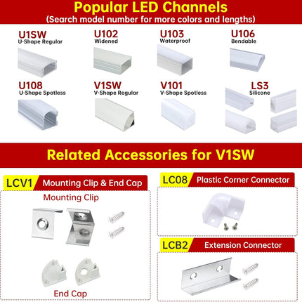 6Pack 3.3FT/1M V Shape LED Channel Silver Aluminum LED Strip Diffuser Channel with Milky White Cover Frosted Corner Lighting Easy Installation V1SW WW 1M