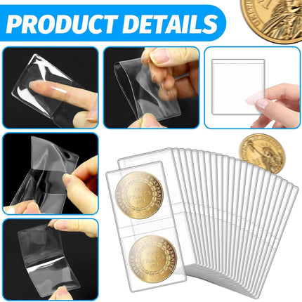200 Pack Double Pocket Coin Flips, 2X2 Inch Clear Plastic Coin Sleeves for All Coins, Jewelry, Rings Earrings Gemstones Collection Supplies & Protectors (Double Rectangular)