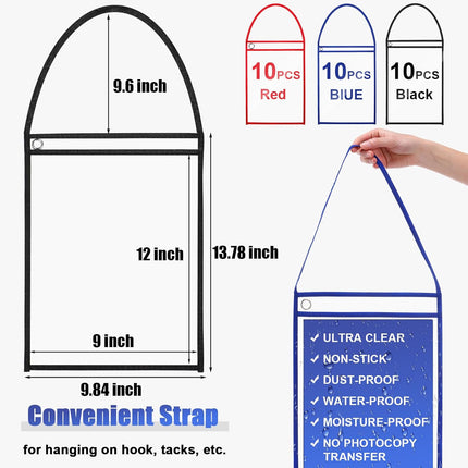 30 Pack Shop Ticket Holders for 9 X 12 Inches Hanging Sleeve Job Ticket Holders with Strap, Both Sides Clear, Black, Red, Blue