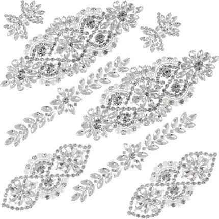 8 Pieces Crystal Rhinestone Appliques Silver Rhinestone Iron on Patch Hot Fix Applique for Bridal Wedding Dress Clothes Sash Crystal Belt DIY Sewing Appliques for Shoes