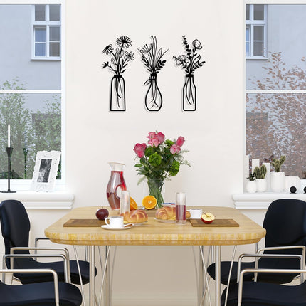 3 Pieces Metal Flowers Wall Arts - Rustic Farmhouse Decor Black Minimalist Flower Wall Decors for Living Room Bathroom Bedroom Dining Room - Housewarming Gifts(Black, Vase-C)