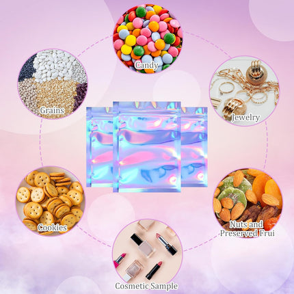 100 Pieces Resealable Foil Proof Bags Scent Proof Flat Pouch Clear Smell Sealable Packing Bags Iridescent for Food Storage Snack Jewelry(3 X 4 Inches,Holographic Color)