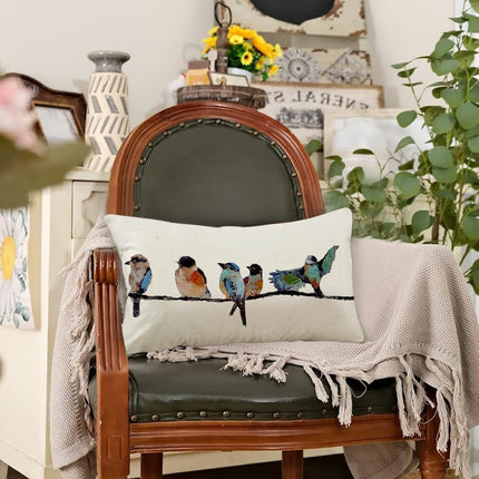 12X20 Lumbar Pillow Decorative Throw Pillows,Small Hand-Painted Outdoor Birds Pillowcases,Spring Summer Pillows Decorative Throw Cushion Covers Linen for Couch Sofa Teal Blue