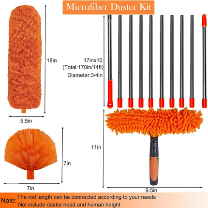 20+ Feet High Reach Dusting Kit with 3-14 Ft Extension Pole //2 in 1 Window Cleaning Kit // High Ceiling Duster // Cobweb Microfiber Duster // Outdoor & Indoor Extendable Duster Cleaning Kit
