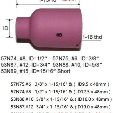 TIG Gas Lens Alumina Nozzle Ceramic Cup Jumbo Large Diameter 53N87 12# 3/4" 53N88 5/8" #10 53N89 15/16" #15 57N74 1/2" #8 57N75 3/8" #6 for SR WP 9 17 18 20 25 26 TIG Welding Torch 10Pcs