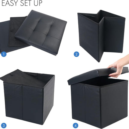 Storage Ottoman, Foldable Foot Rest Stool, 13X12X12 Inches Small Leather Bench with Storage, Holds up to 260 Lb, for Living Room, Bedroom, Dorm, Black