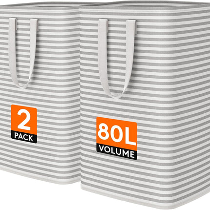2 Pack Laundry Basket 80L Each, Collapsible Clothes Hamper with Reinforced Handles, Freestanding Waterproof Design for Bedroom and Laundry Room, Grey 160L Total