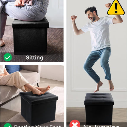 Storage Ottoman, Foldable Foot Rest Stool, 13X12X12 Inches Small Leather Bench with Storage, Holds up to 260 Lb, for Living Room, Bedroom, Dorm, Black