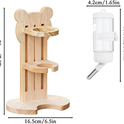 Hamster Water Bottle with Wooden Food Container Base for Dwarf Hamster Gerbil Small Animals (White, 80Ml(2.7Oz))