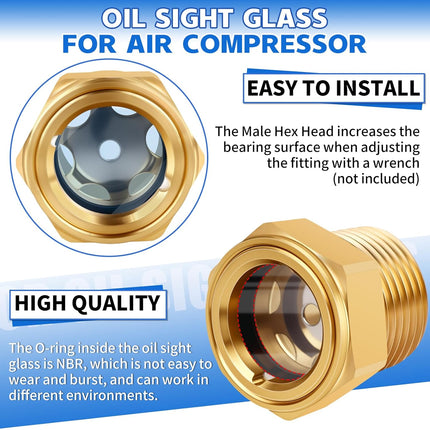 3/4 NPT Air Compressor Oil Sight Glass, Male Hex Head Compresssor Oil Sight Glass, Heavy Duty Solid Brass Oil Sight Glass Liquid Level Gauge Oil Indicator Window for Air Compressor Gearbox Tank