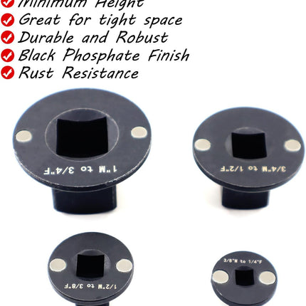 4PCS Low Profile Impact Socket Adapter Set. Drive Ratchet Adapter Set (1" to 3/4", 3/4" to 1/2", 1/2" to 3/8",And 3/8" to 1/4"）