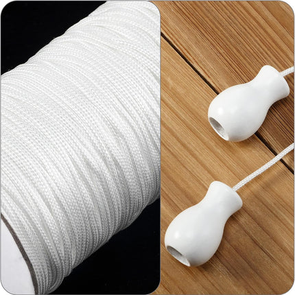 110 Yards Blind Cord 1.8 Mm Braided Lift Shade Curtain String and 12 Pieces Wood Blind Pull Cord Knobs for Roman Shade Kit, Curtain Craft(White)