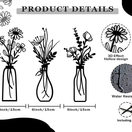 3 Pieces Metal Flowers Wall Arts - Rustic Farmhouse Decor Black Minimalist Flower Wall Decors for Living Room Bathroom Bedroom Dining Room - Housewarming Gifts(Black, Vase-C)