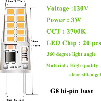 5 Pack G8 LED Bulb Soft White 2700K 120V 3W Equivalent to G8 Halogen Bulb 35W T4 JCD Type GY8.6 Bi-Pin Base, Non-Dimmable for under Cabinet Light, under Counter Kitchen Lighting