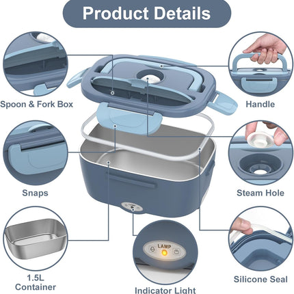 Electric Lunch Box Food Heater, Electric Heating Lunch Boxes Lunch for Adults/Men/Truck/Car/Work, 80W 1.5L Removable 304 Stainless Steel Container, 110V/12V/24V, with Fork & Spoon