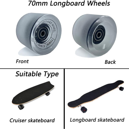 70Mm Longboard Wheels 80A Contains ABEC-9 Bearings and Spacers,Skateboard Riser Pads,Skateboard Hardware Screws Bolts,Fit for Your Longboard Skateboards.-Transparent Frosted