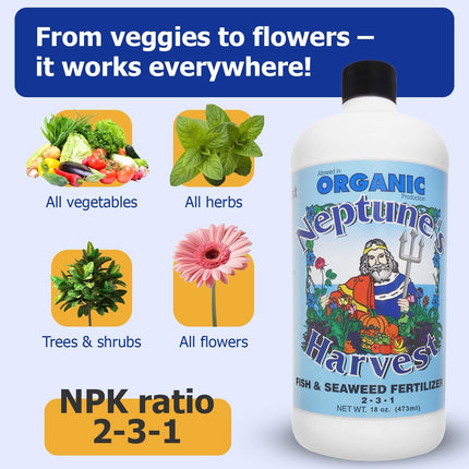 Fish & Seaweed Liquid Fertilizer (2-3-1) - 18Oz Pint - Plant Food for Garden - Indoor & Outdoor Organic Plant Fertilizer for Vegetables, Flowers, Fruit, Trees & Lawns