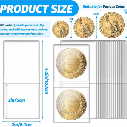 200 Pack Double Pocket Coin Flips, 2X2 Inch Clear Plastic Coin Sleeves for All Coins, Jewelry, Rings Earrings Gemstones Collection Supplies & Protectors (Double Rectangular)