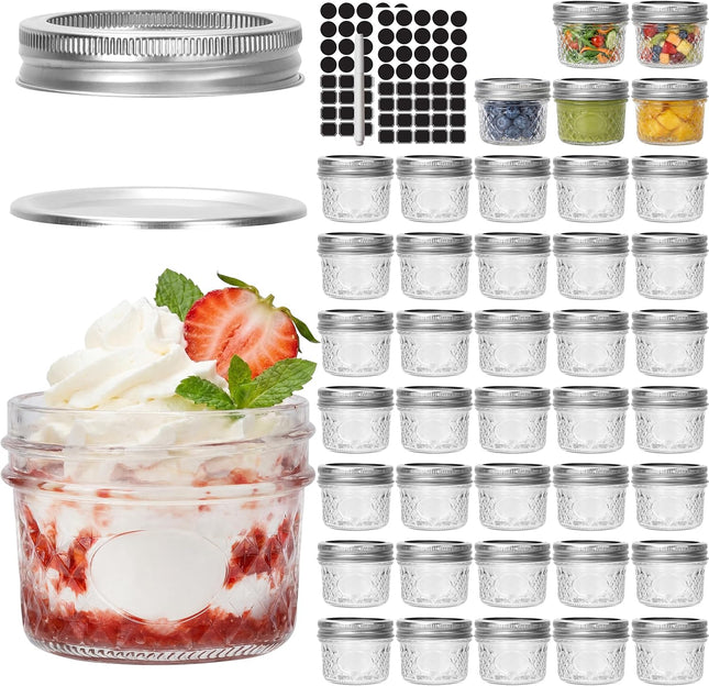 40 Pcs 4Oz Clear Glass Mini Mason Jars with Silver Separable Lids and Diamond Appearance, Small Spice Canning Jars for Honey, Jam, Jelly, Wedding Favors, Kitchen Food Storage