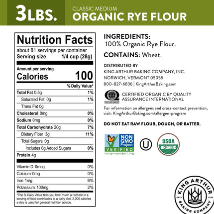 King Arthur Organic Medium Rye Flour - 3 Lbs for Complex Flavorful Breads & Baked Goods - 100% US Grown & Milled - Non-Gmo Project Verified - Robust Flavor for Rye Bread, Cookies & More