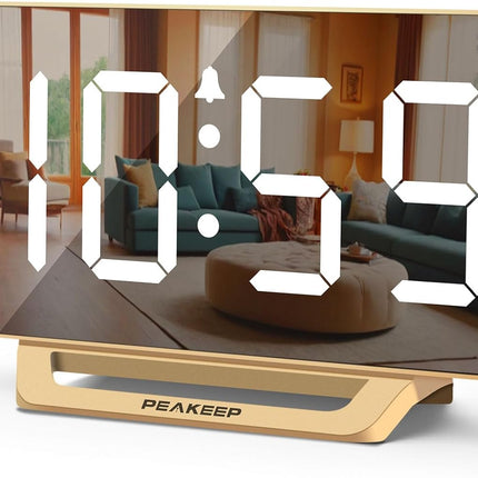 Slim Digital Mirror Aesthetic Alarm Clock for Bedrooms Desk Decor - Plug in Electric Big LED Modern Small Clock for Office Living Room, Battery Backup, 6 Dimmers (Gold)