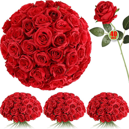 40PCS Red Roses Artificial Flowers - Long Stem Fake Roses Bouquet Silk Red Flowers Artificial Rose for Wedding Centerpiece Home Decor & Valentines Floral Arrangement