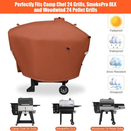 Grill Cover for Camp Chef 24 Pellet Grills, Model DLX 24, Smokepro 24, Woodwind 24 Pro Pellet Grills, PG24, PG24LS, PG24S, PG24SE, PG24LTD, PG24XT, SG24, Smokepro DLX, Anti-Uv 600D, Brown
