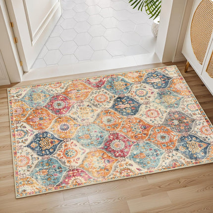 Moroccan Trellis Washable Rug, 2X3 Kitchen Rugs for Entryway Bathroom, Non-Slip Indoor Door Mat Ultra-Thin, Small Oriental Throw Carpet for Bedroom Entry Elise, Cream/Multi