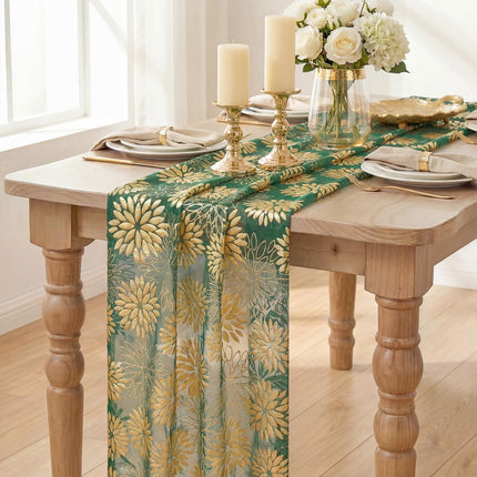 Green Gold Dahlia Flower Gauze Table Runner 120 Inch 10FT, Glitter Metallic Foil Seasonal Sheer Dining Holiday Table Decor for Home Party